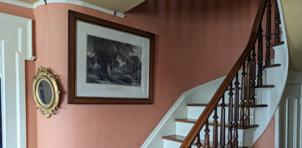 Pictures could be hung on the molding where the wall meets the ceiling. This way art can be hung without putting holes in the fragile plaster wall.