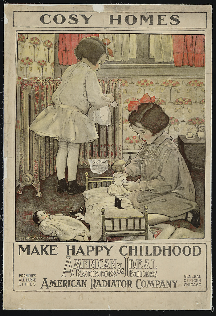 This advertisement for the American Radiators & Ideal Boilers was drawn by Jessie Willcox Smith circa 1910. This image and many pieces of history can be found on Library of Congress’s digital archive. https://www.loc.gov/item/2007683076/