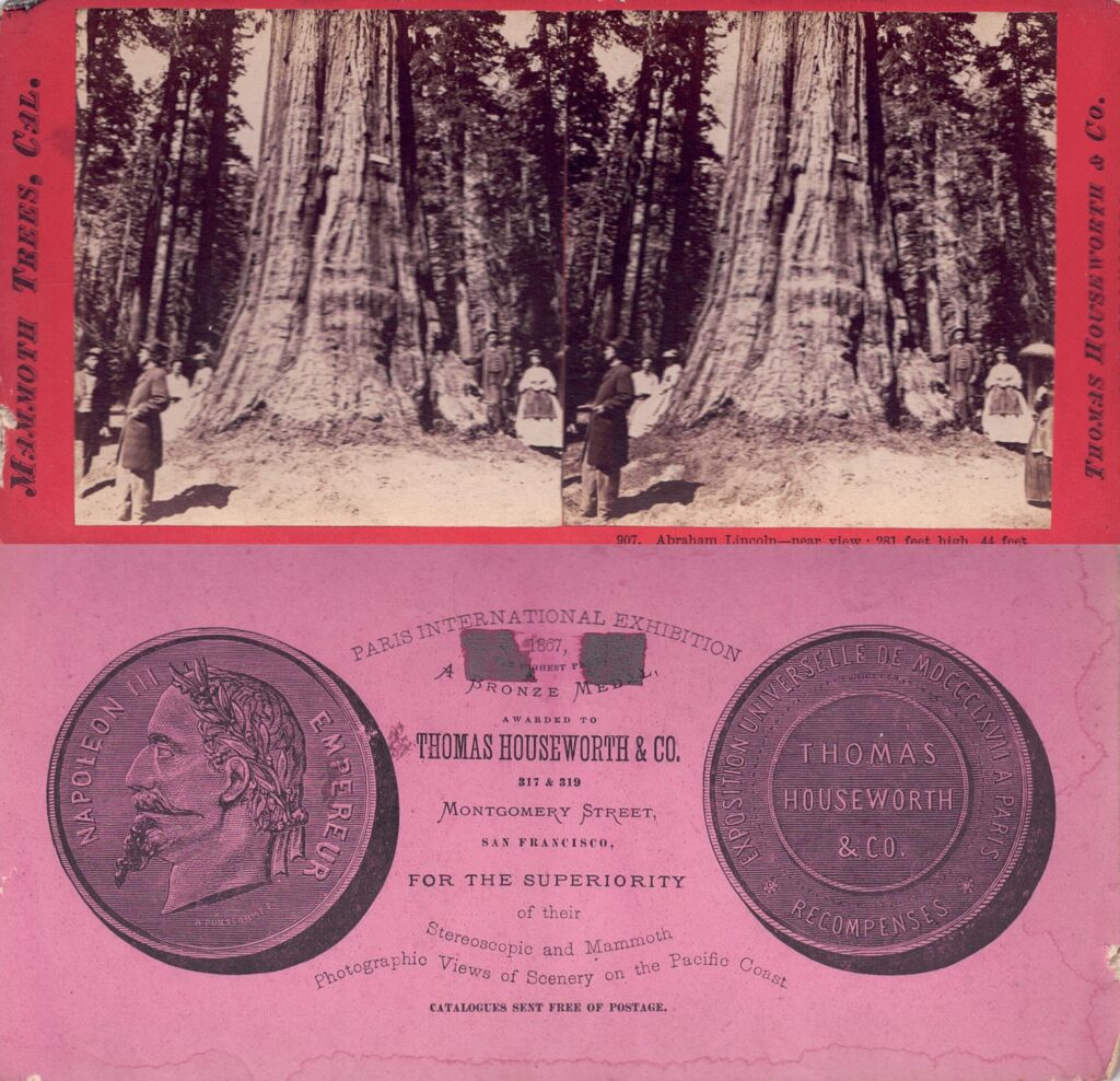 Front and back of a stereoscope card from our collection, the card was printed by Thomas Houseworth & Co. in 1867 for the Paris International Exhibition, photographs for card taken circa 1864.